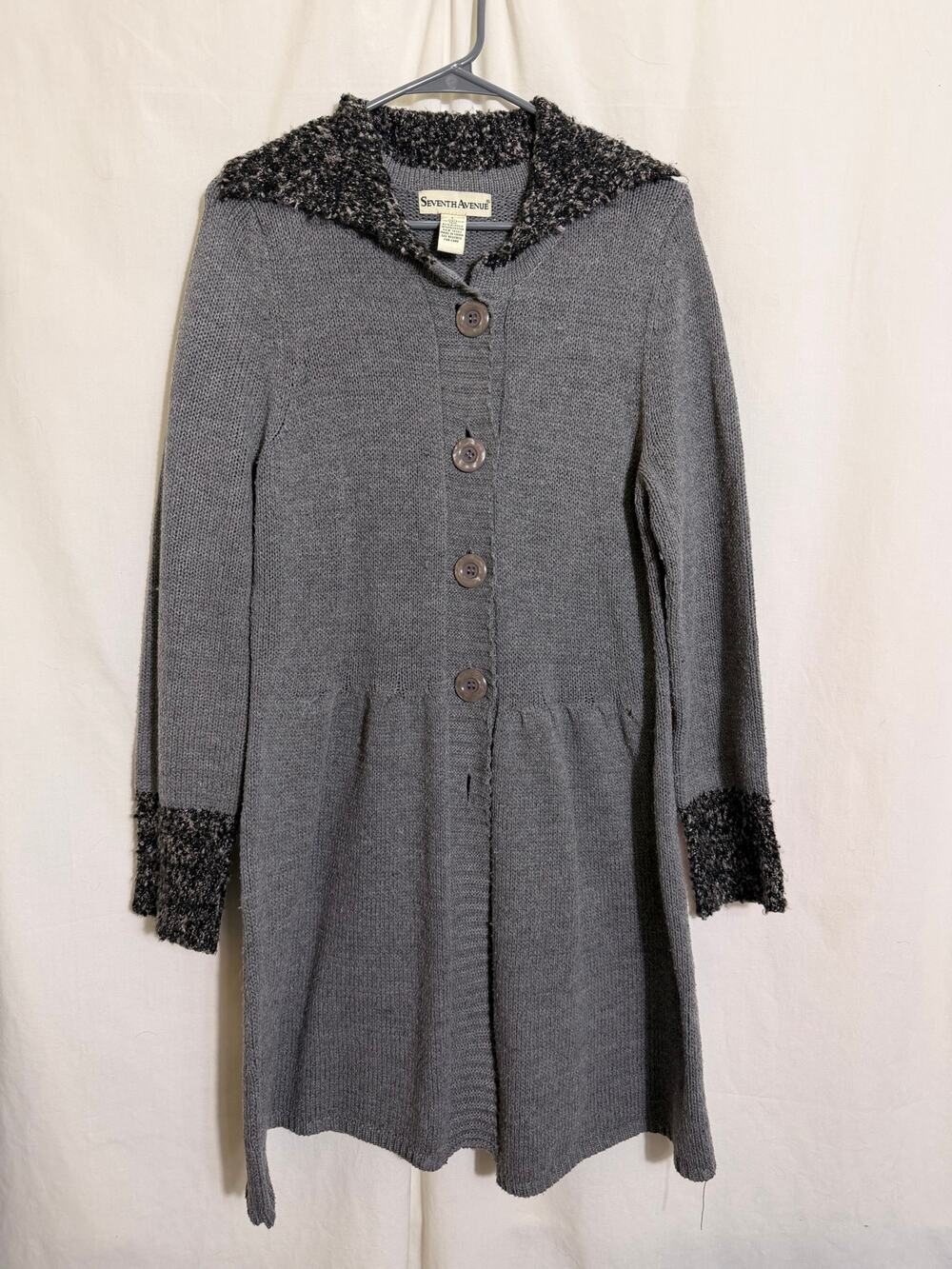 Seventh Avenue Long Knit Cardigan Sweater Gray Boucle Trim Button Front Large